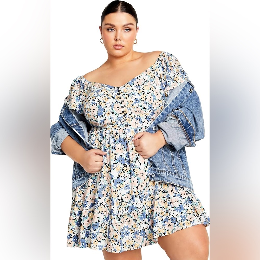 City Chic Floral Blue and Pink Mini Dress - See Size Chart
